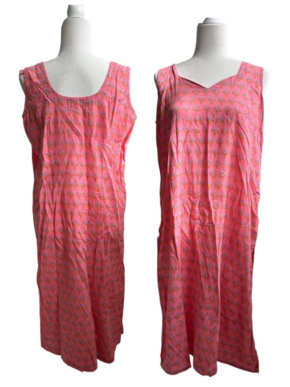 Cotton Block Print Midi Dress XL Pink Floral Boho Sleeveless Cottagecore